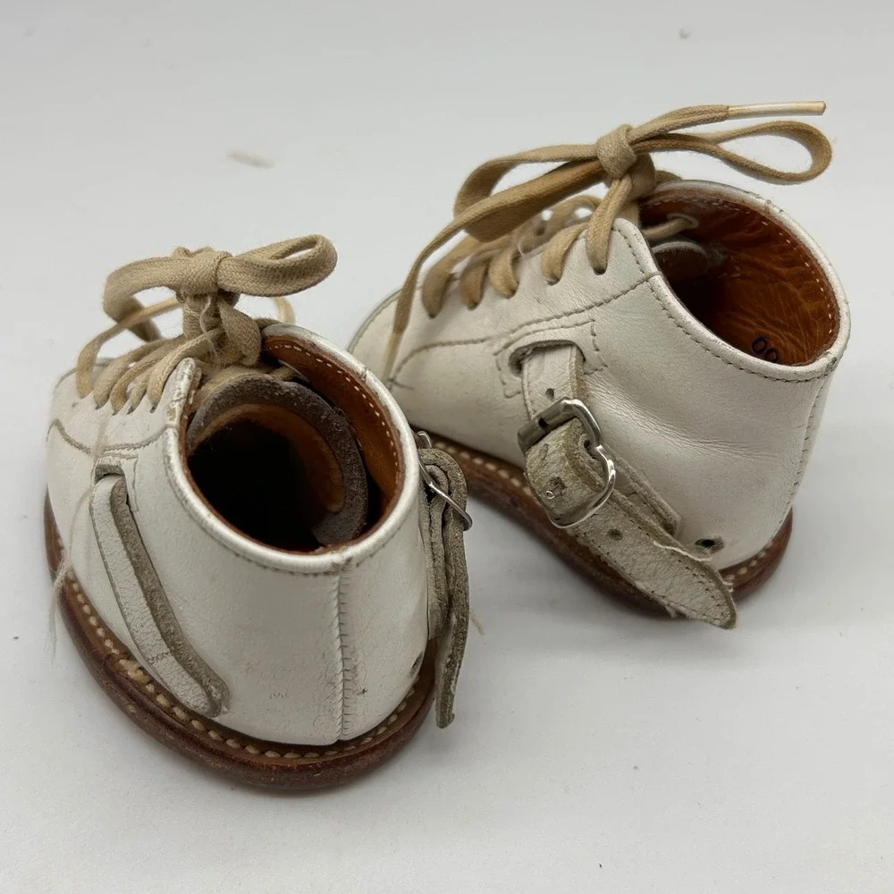 Vintage White Leather Orthopedic Baby Shoes High Top Open Toe Lace Up Buckle